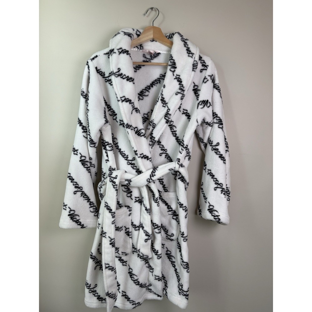 Victoria Secret White Plush Robe With an All Over Black Script Logo Print W XS/S
